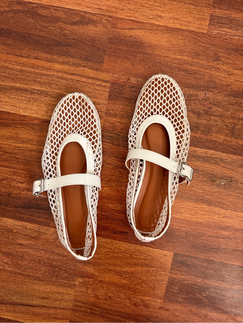 Women's White Mesh Mary Jane Flats with Buckle Strap